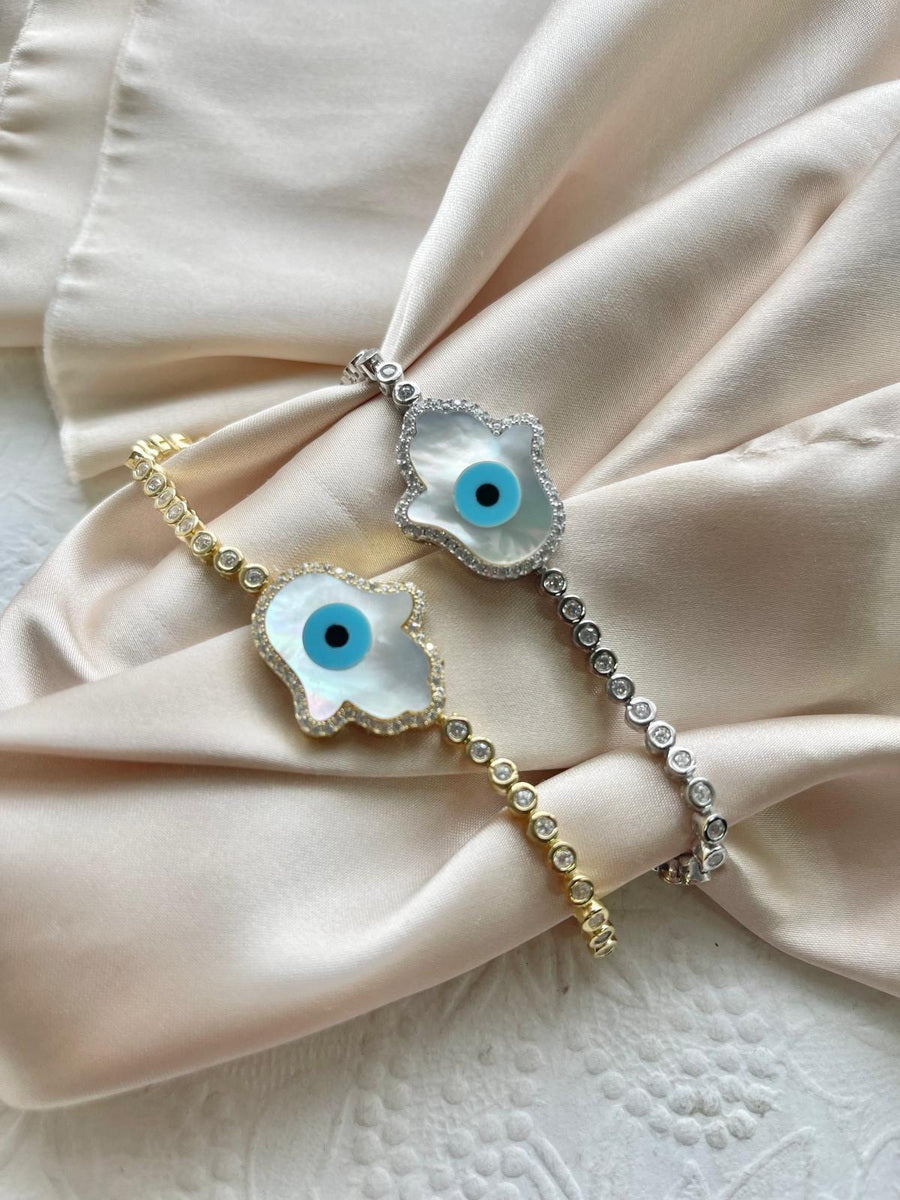 925 Sterling Silver Evil Eye MOP Bolo Bracelet