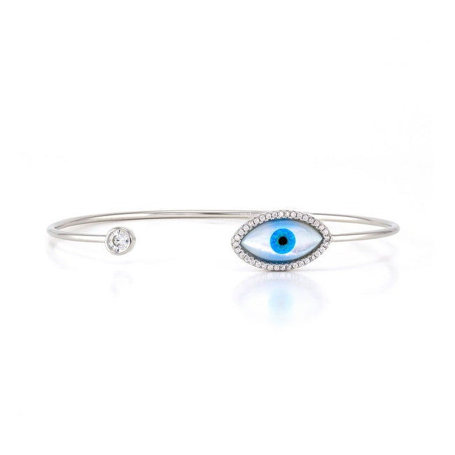 925 Sterling Silver MOP Evil Eye Open Bangle