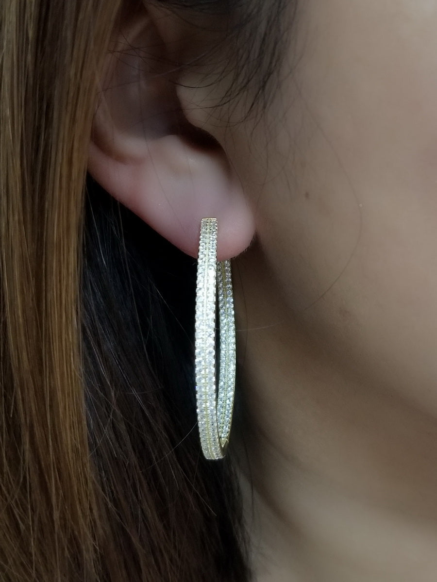925 Silver CZ Double Row Hoop with Lock Earrings