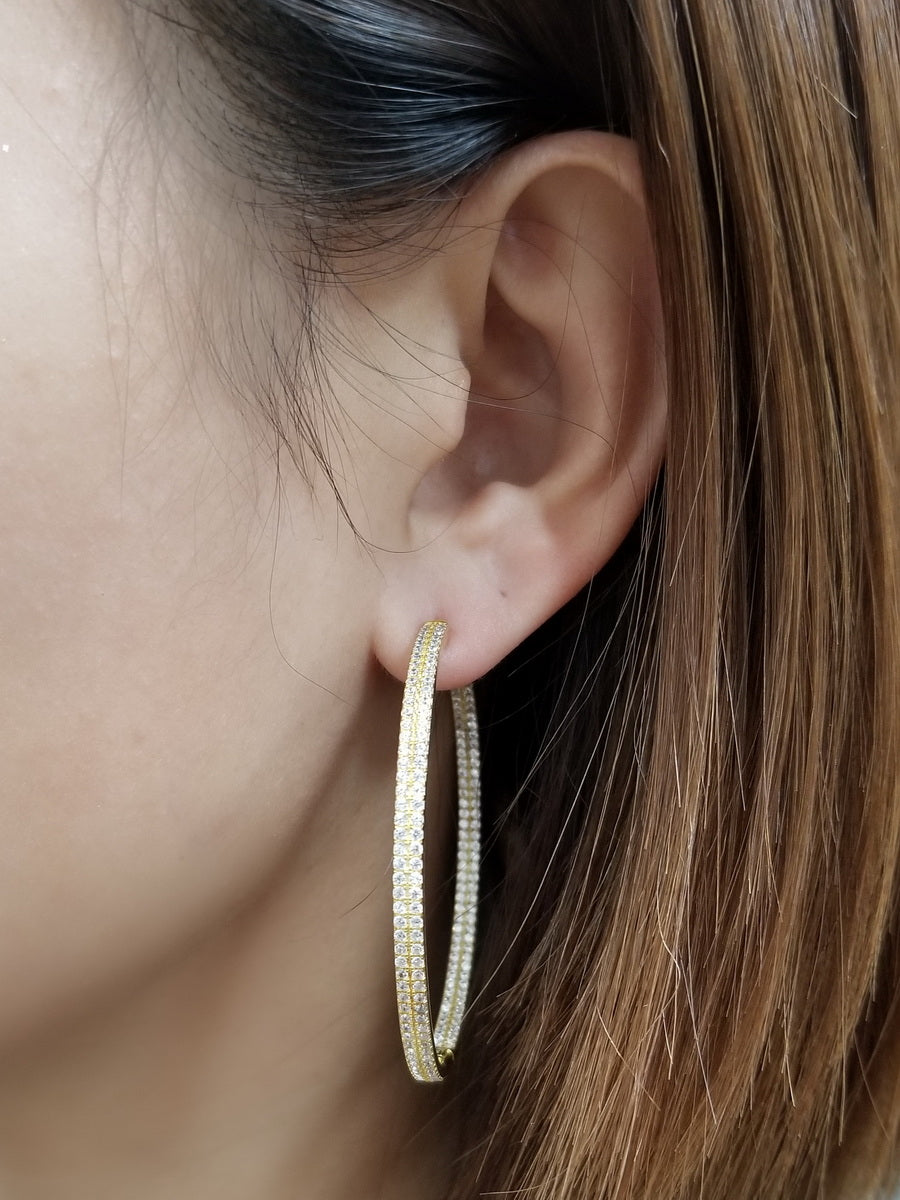 925 Silver CZ Double Row Hoop Earrings