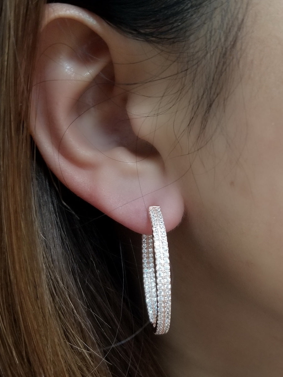 925 Silver CZ Double Row Hoop Earrings