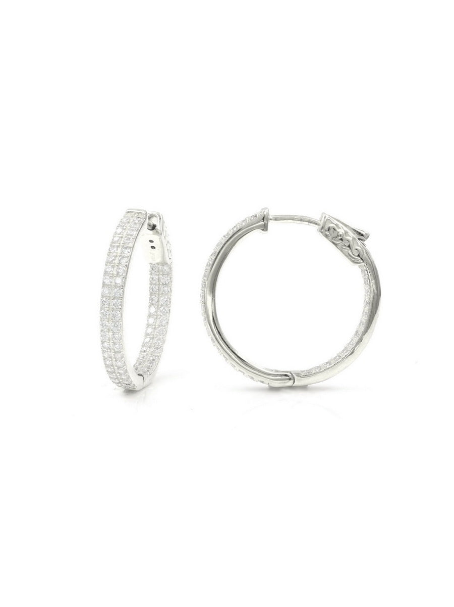 925 Silver CZ Double Row Hoop with Lock Earrings