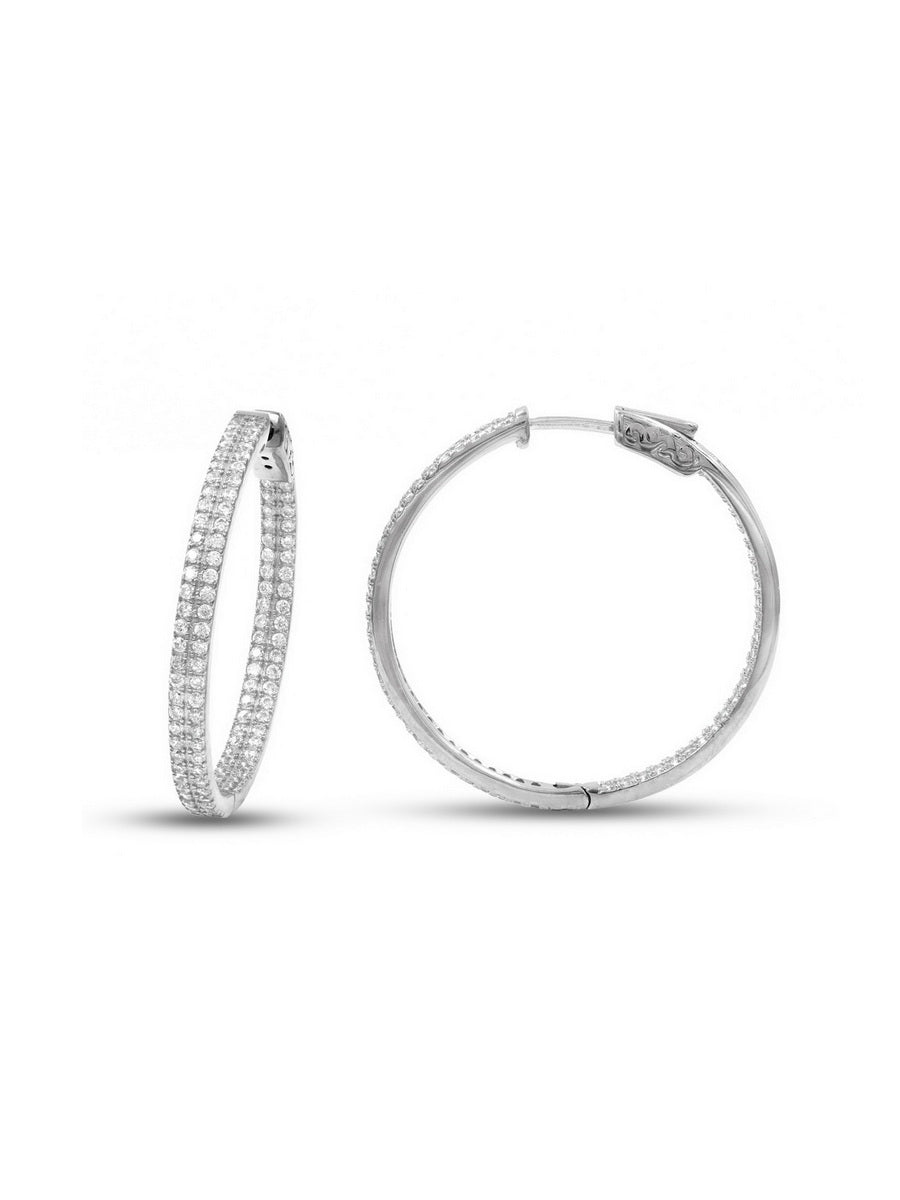 925 Silver CZ Double Row Hoop with Lock Earrings