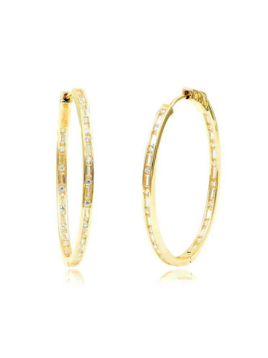 925 Silver Baguette and Round Cut CZ Hoop Earrings