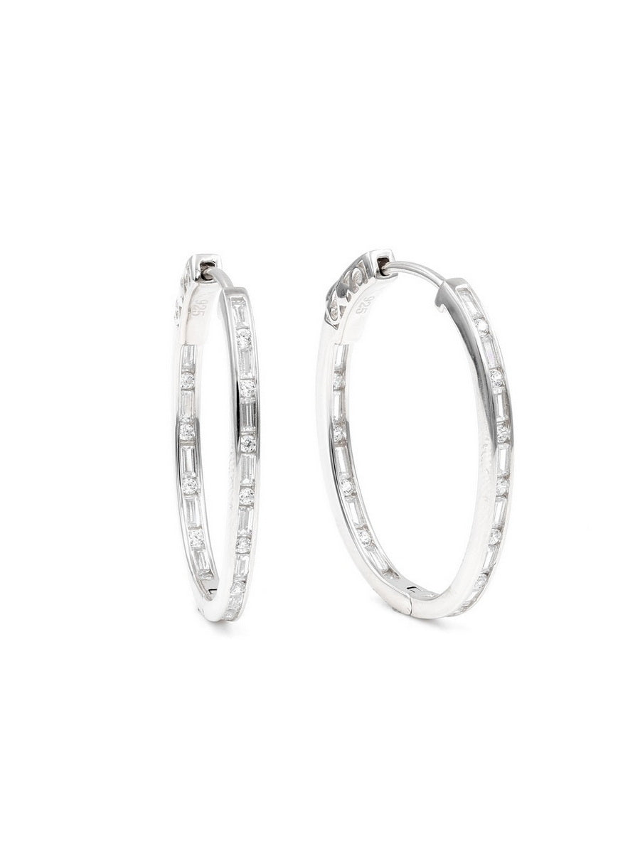 925 Silver Baguette and Round Cut CZ Hoop Earrings