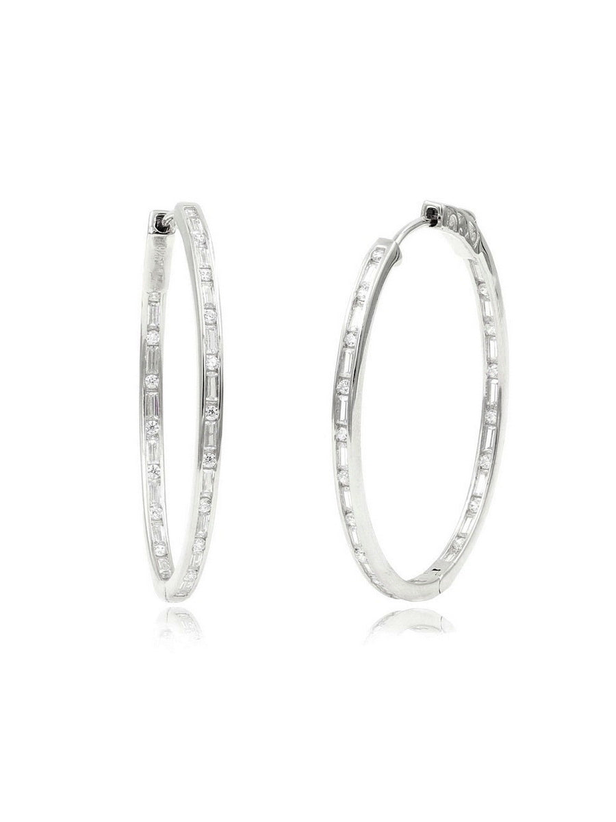 925 Silver Baguette and Round Cut CZ Hoop Earrings