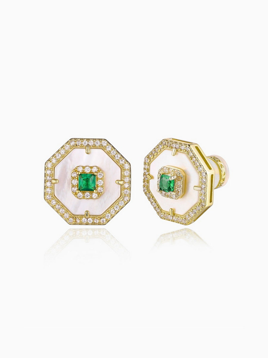 925 Silver MOP Inlay CZ Octagon Studs Earrings
