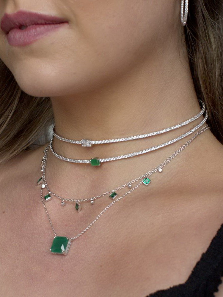 925 Silver Color CZ Stretchable Choker Necklace