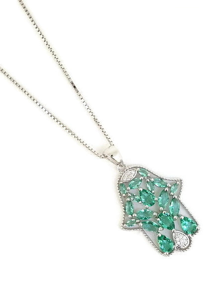 925 Sterling Silver CZ Hamsa Pendant Necklace