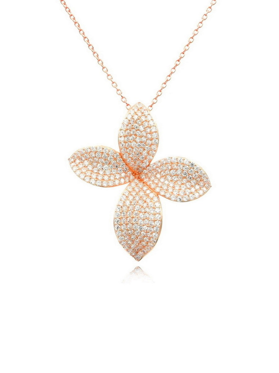 925 Sterling Silver Pave CZ Flower Necklace