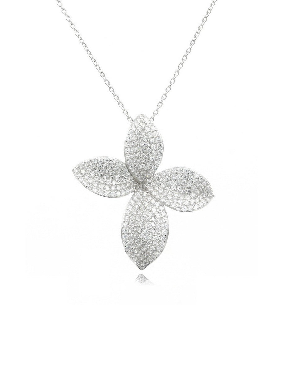 925 Sterling Silver Pave CZ Flower Necklace