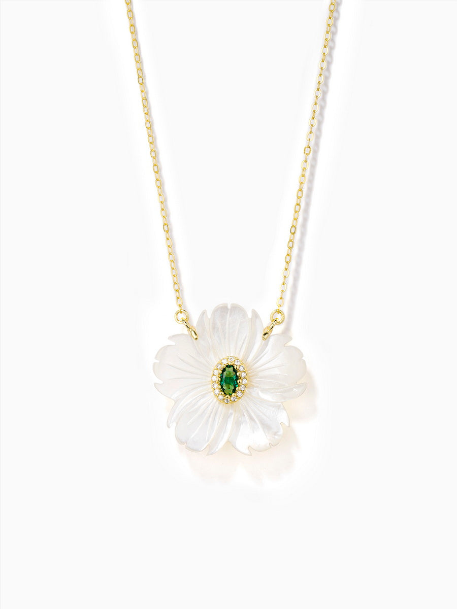 Floral Mother of Pearl with Green/Red CZ Pendant Necklaces
