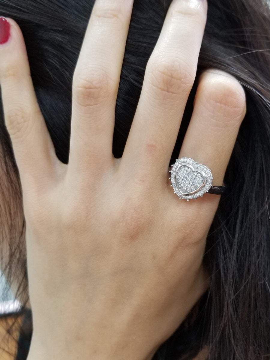 925 Silver CZ Composite Heart Frame Style Ring