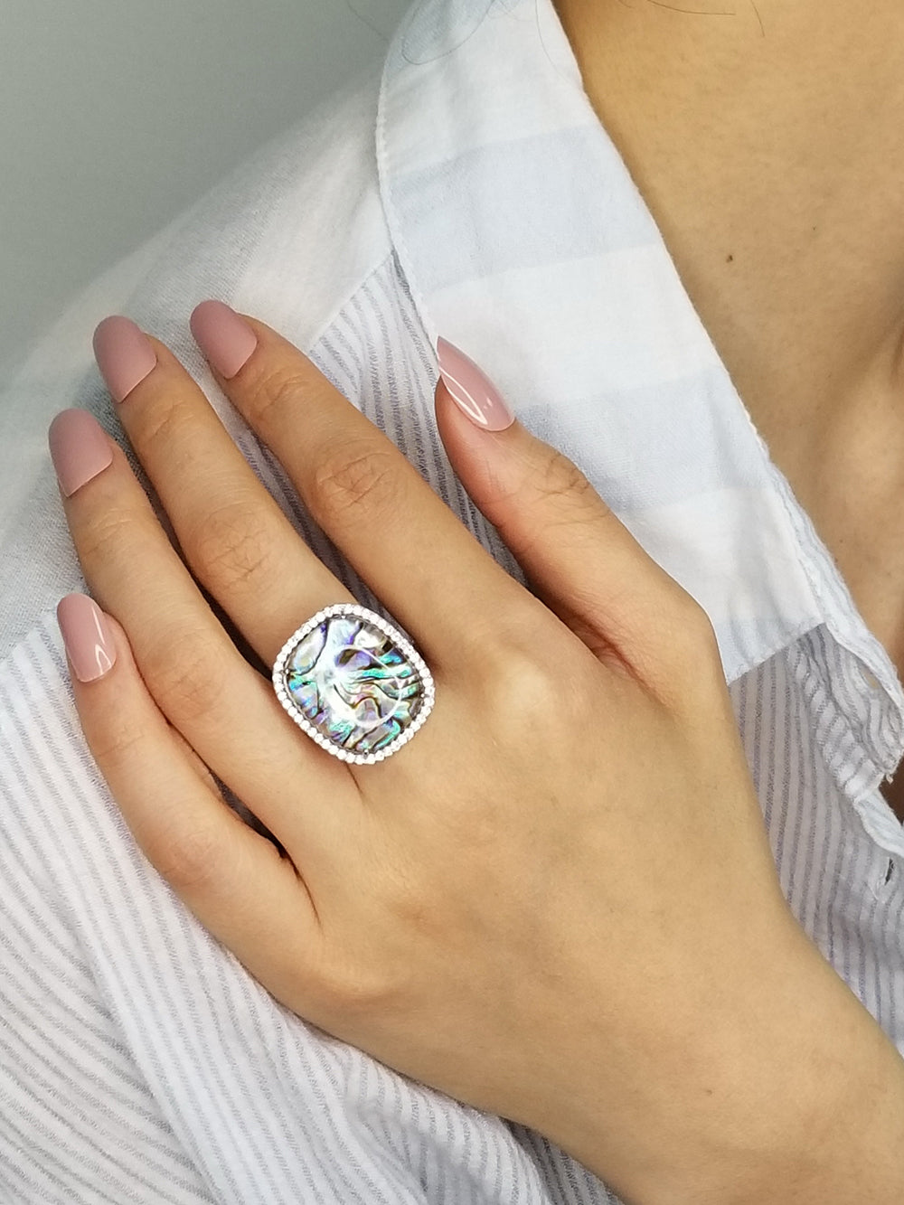 925 Sterling Silver Vintage Abalone with White CZ Ring