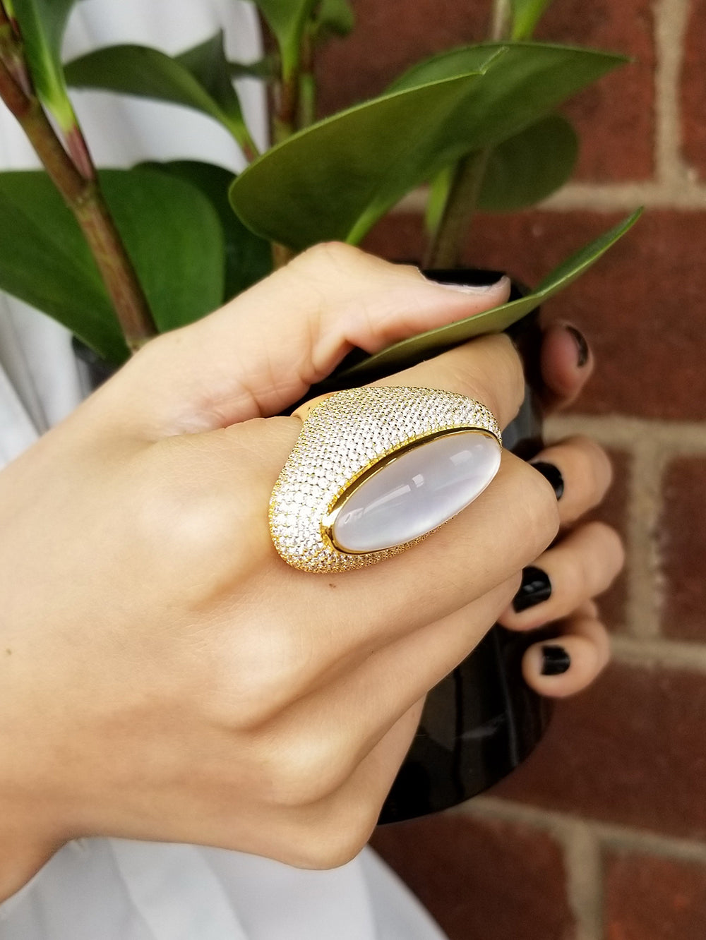 925 Sterling Silver MOP Crystal-covered Cocktail Ring