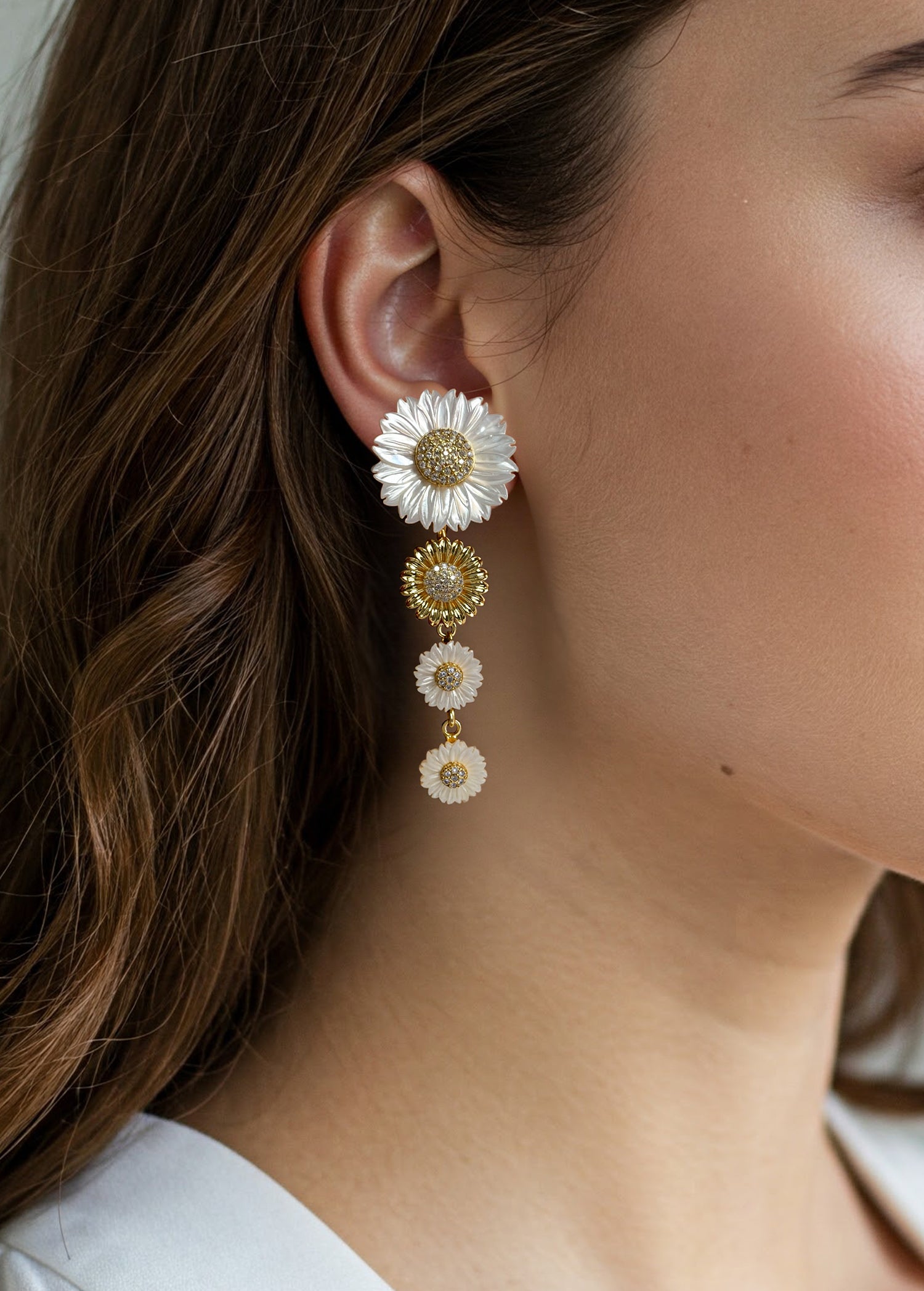 Mother of Pearl 14k Gold Daisy Flower Earrings-Jewelry