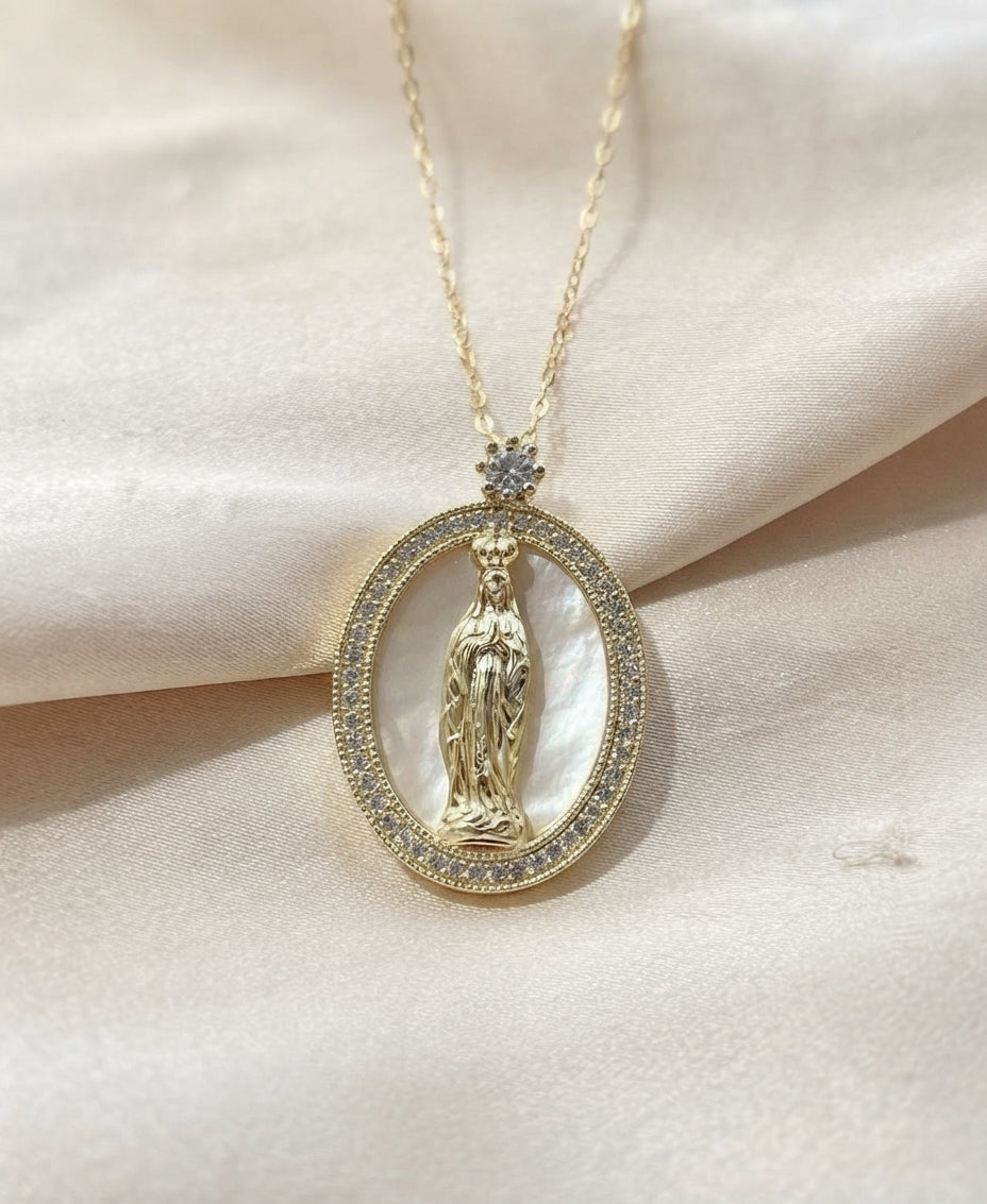 925 Silver Praying Virgin Mary MOP with CZ Pendant
