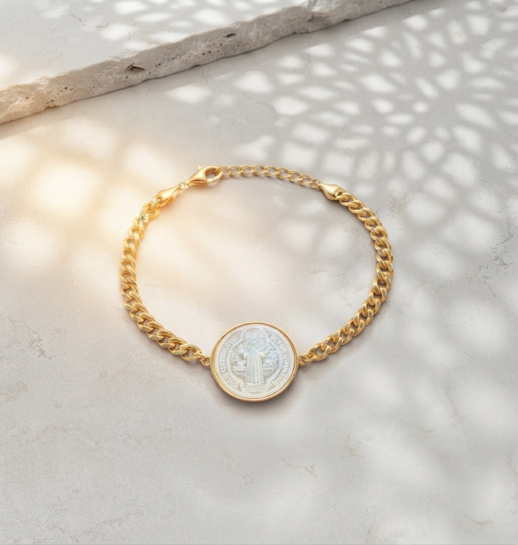 925 Silver Praying Virgin Mary MOP with CZ Curb Bracelet
