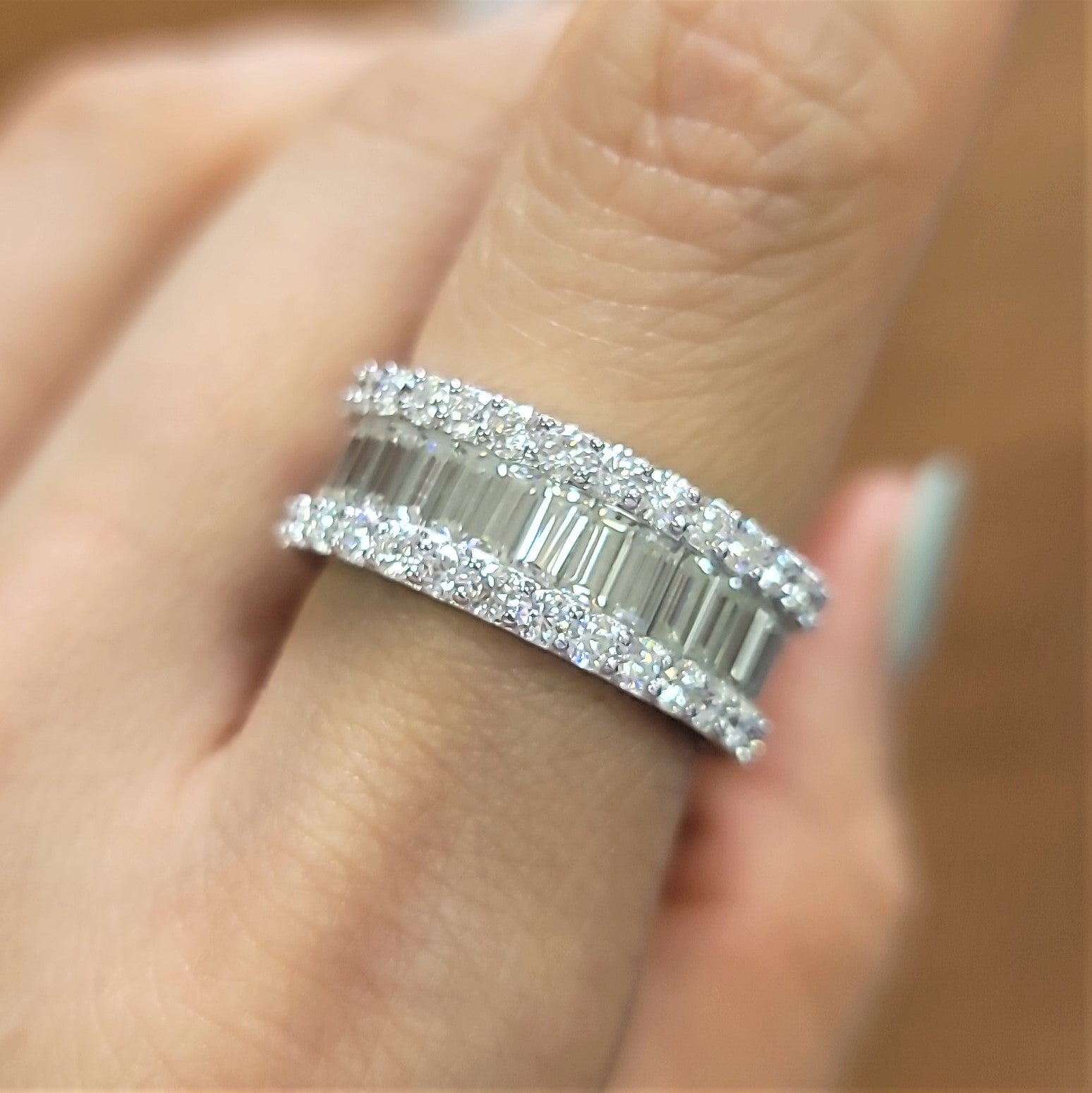 925 Silver Baguette and Round Moissanite Band Ring