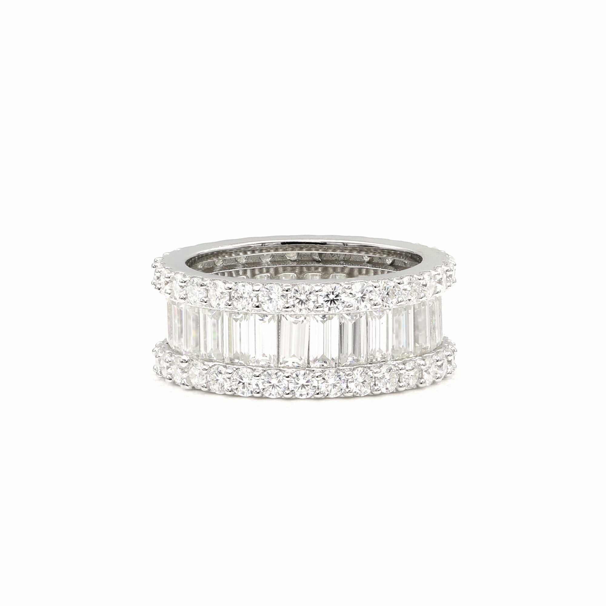 925 Silver Baguette and Round Moissanite Band Ring