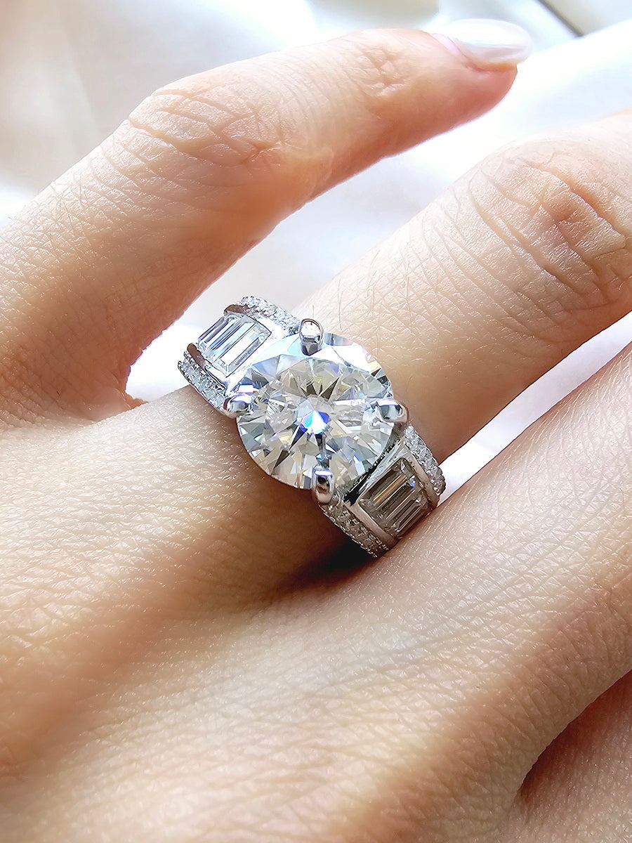 925 Silver Bold Round and Baguette Engagement Ring