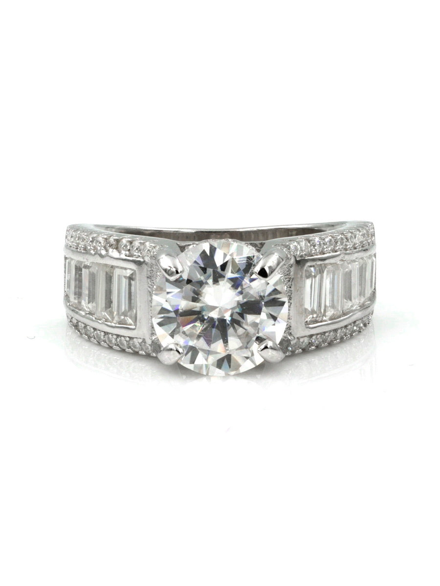 925 Silver Bold Round and Baguette Engagement Ring