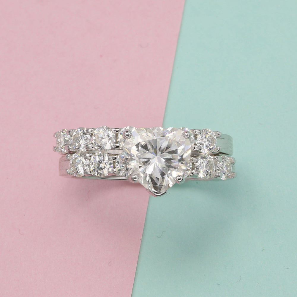 925 Silver Heart Cut Moissanite Engagement Ring Set