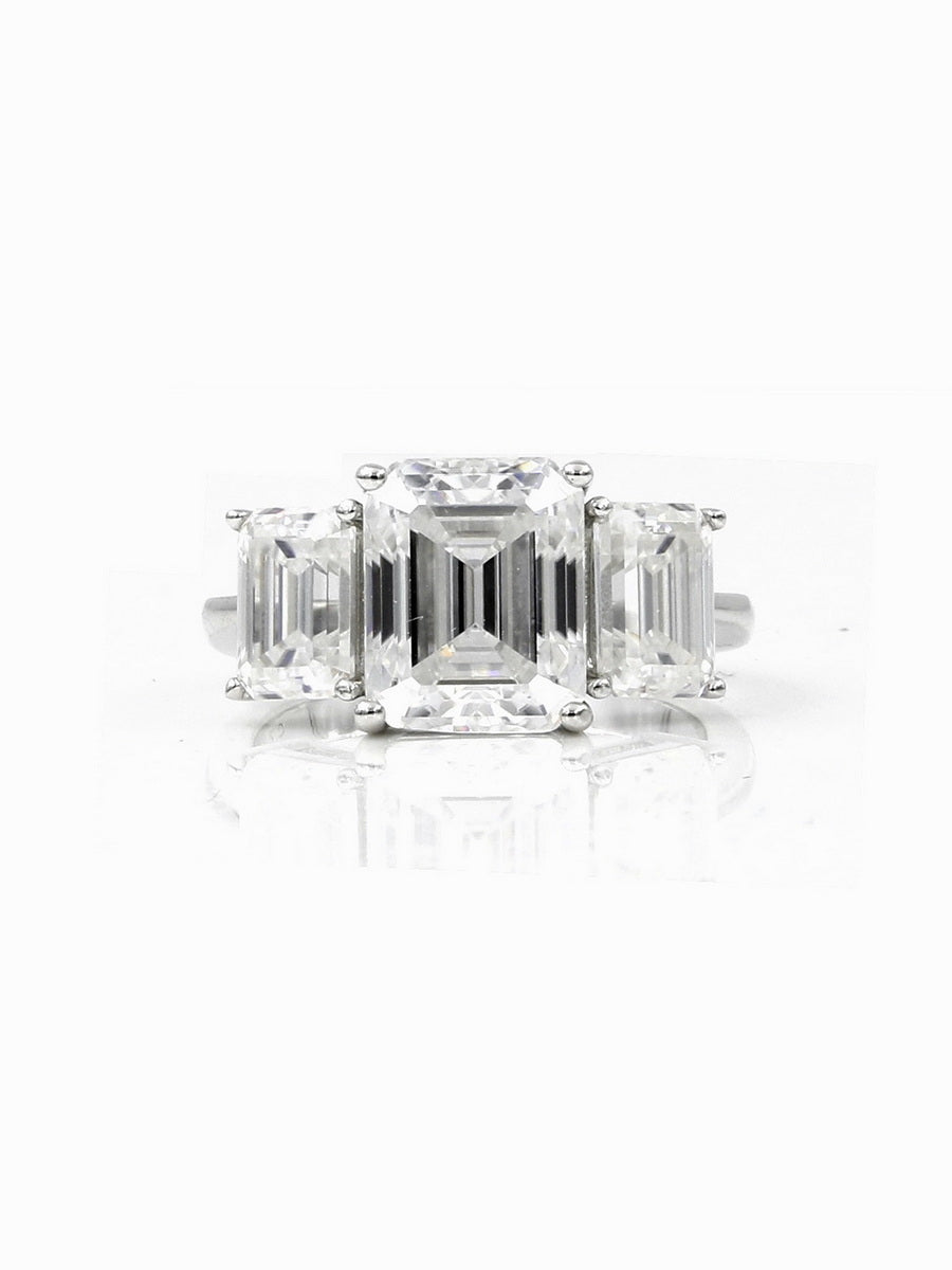 925 Silver 6.0Ctw. Emerald-Cut Three Stone Moissanite Ring