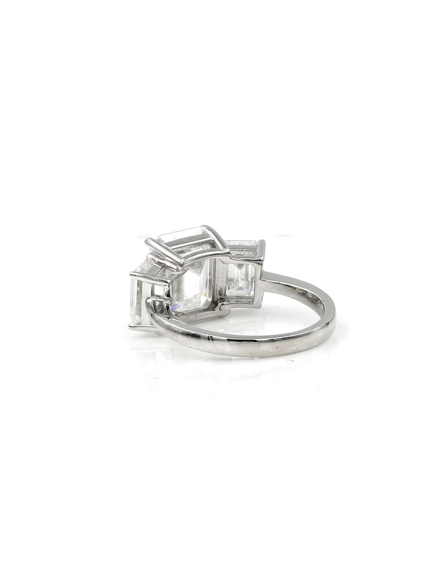 925 Silver 6.0Ctw. Emerald-Cut Three Stone Moissanite Ring