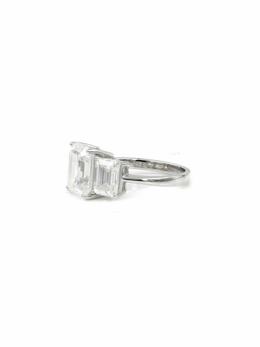 925 Silver 6.0Ctw. Emerald-Cut Three Stone Moissanite Ring