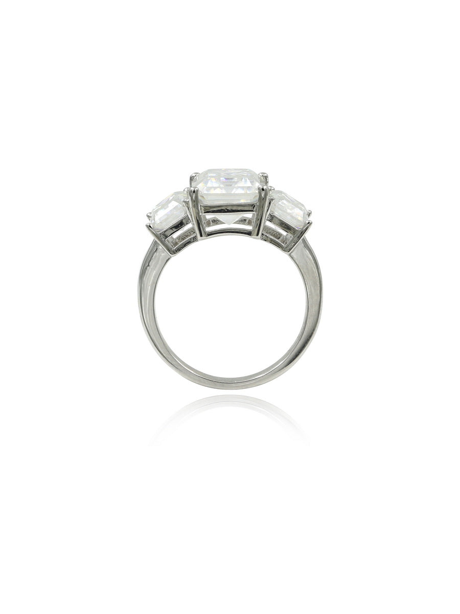 925 Silver 6.0Ctw. Emerald-Cut Three Stone Moissanite Ring