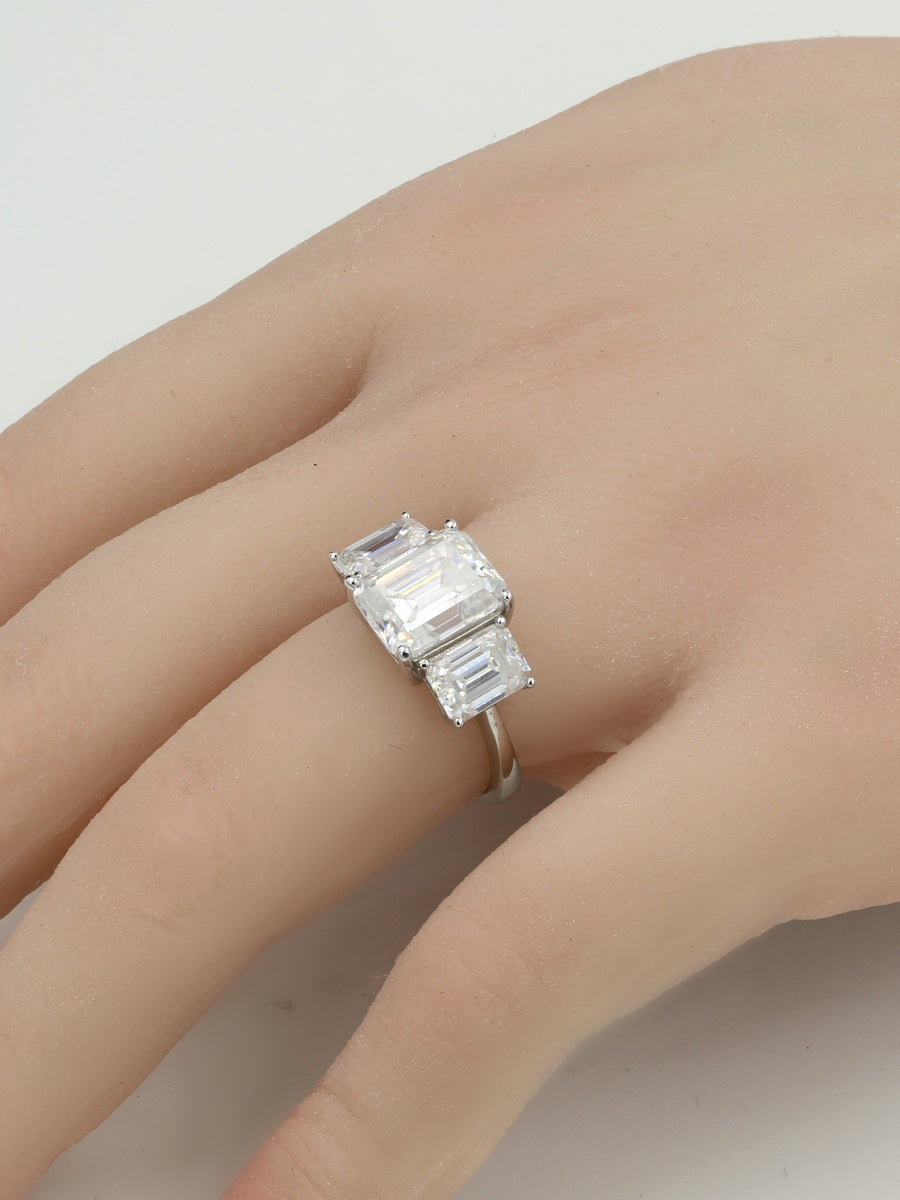 925 Silver 6.0Ctw. Emerald-Cut Three Stone Moissanite Ring