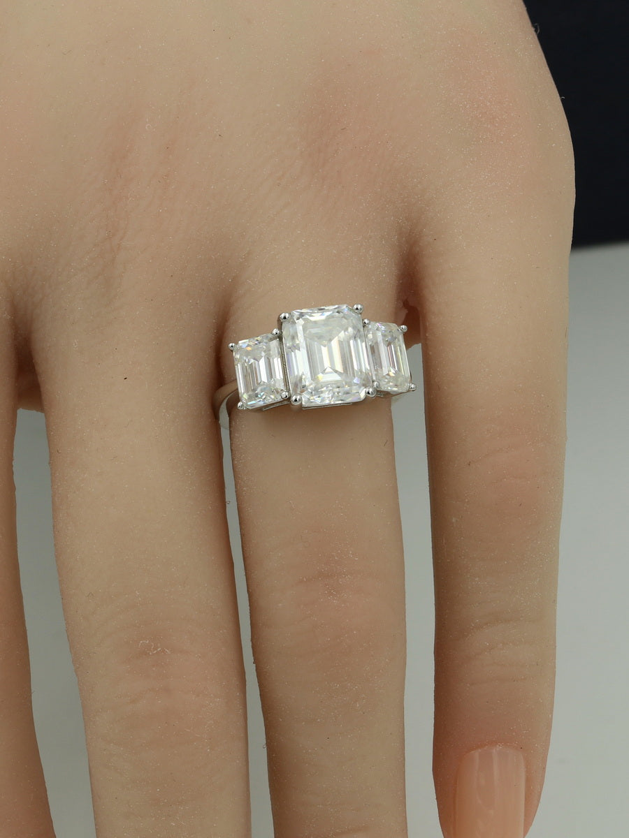 925 Silver 6.0Ctw. Emerald-Cut Three Stone Moissanite Ring