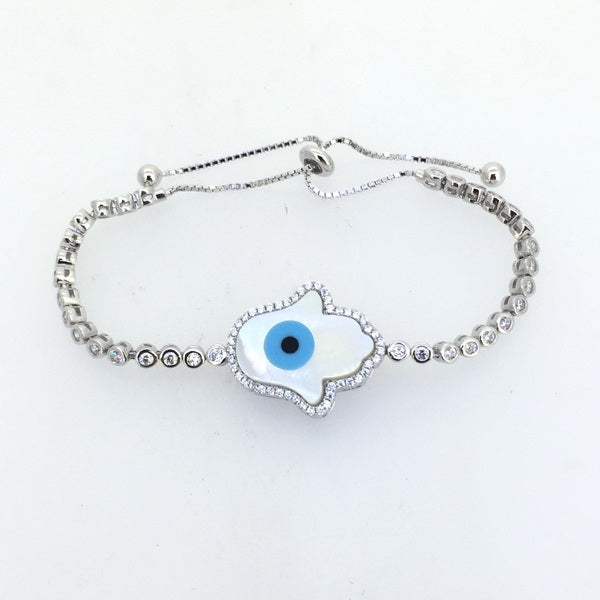 925 Sterling Silver Evil Eye CZ Bolo Bracelet