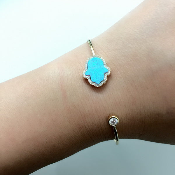 925 Sterling Silver Hamsa Blue Opal Cuff Bangle