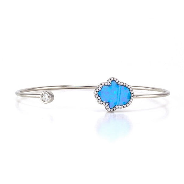 925 Sterling Silver Hamsa Blue Opal Cuff Bangle