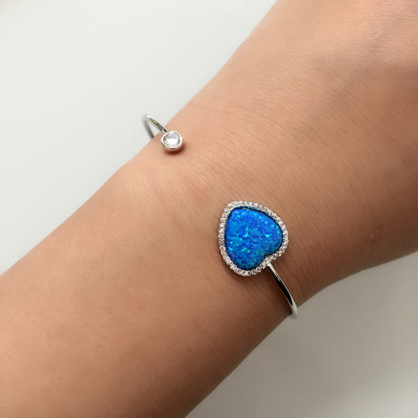 925 Sterling Silver Heart Blue Opal Cuff Bangle