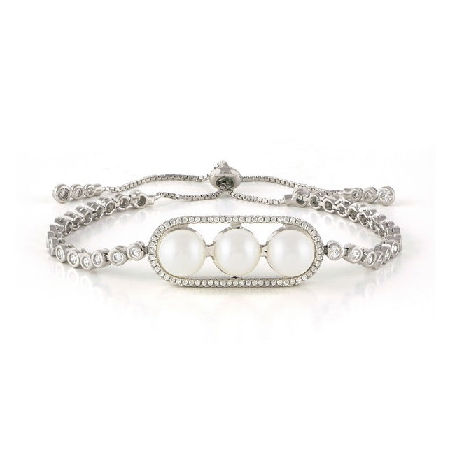 925 Sterling Silver Three Shell Pearls CZ Bolo Bracelet