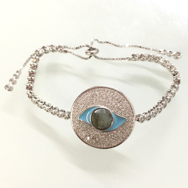 925 Sterling Silver CZ Evil Eye Bolo Bracelet