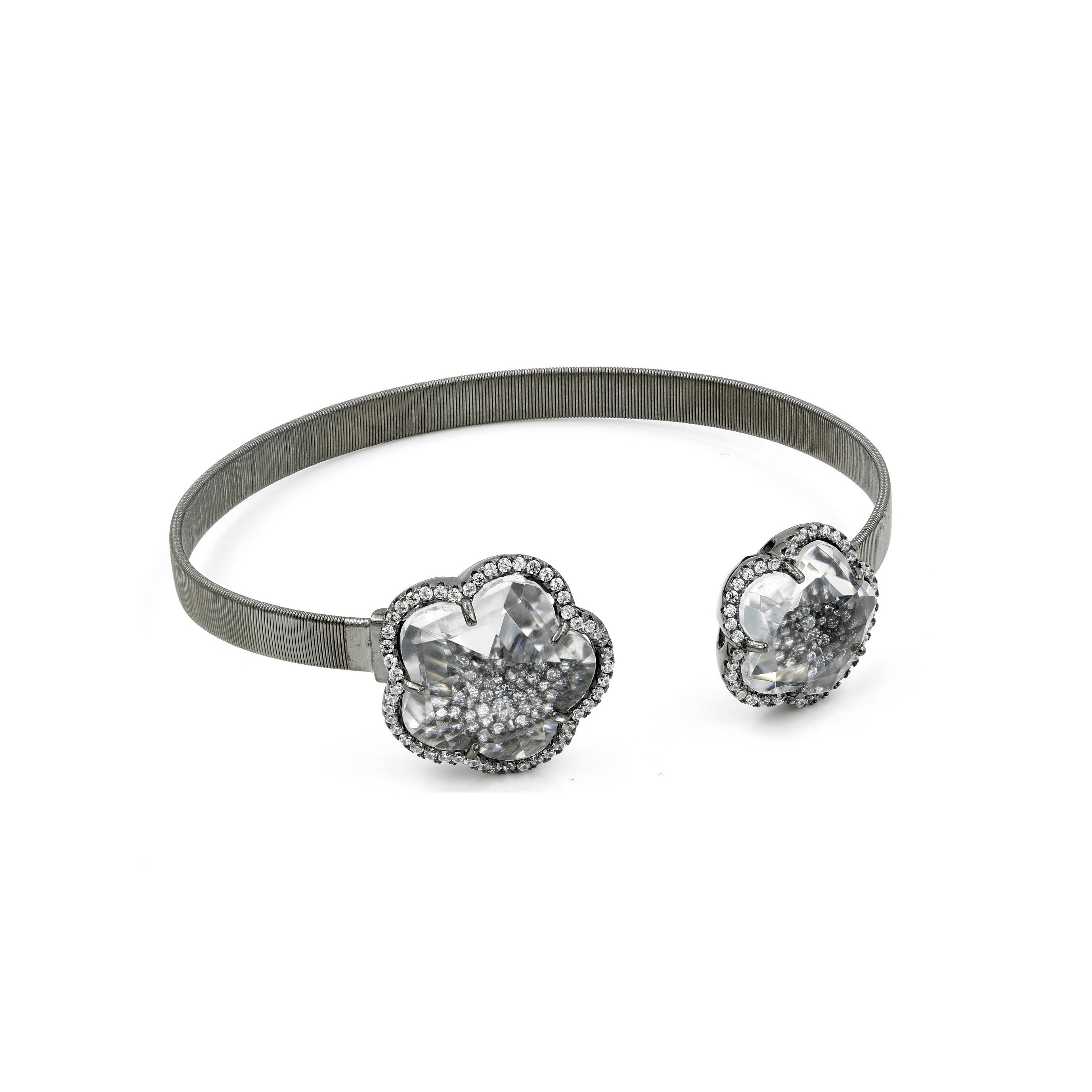 925 Silver Crystal Covered Flower CZ Pave Cuff Bangle