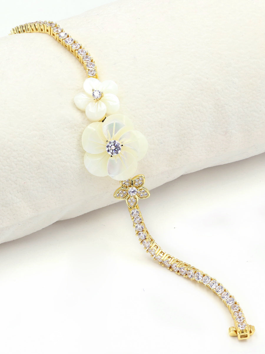 925 Silver Hand Carved MOP Flower CZ Bracelet