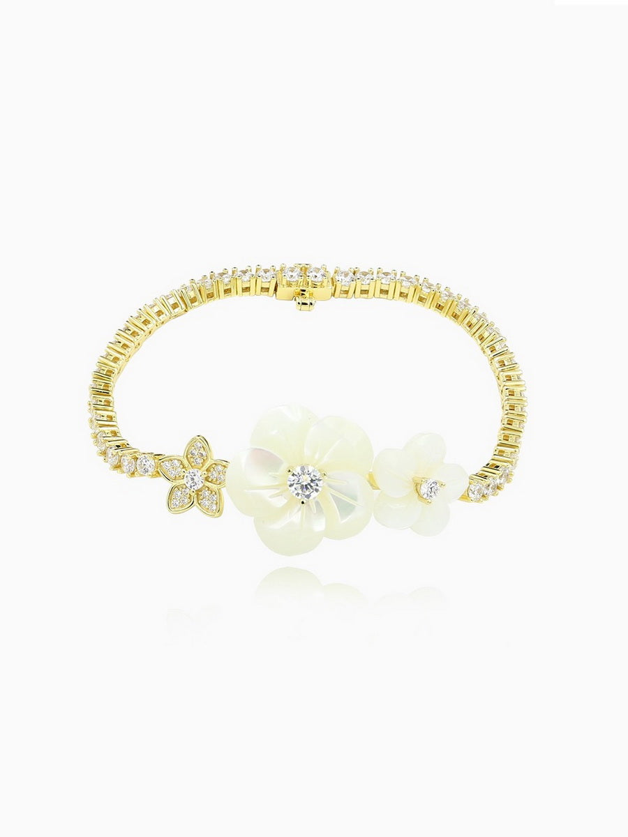 925 Silver Hand Carved MOP Flower CZ Bracelet