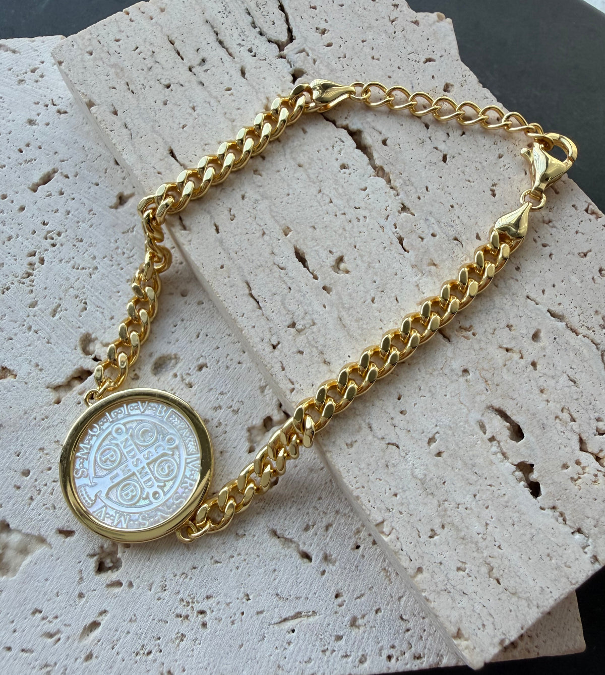 925 Silver Praying Virgin Mary MOP with CZ Curb Bracelet