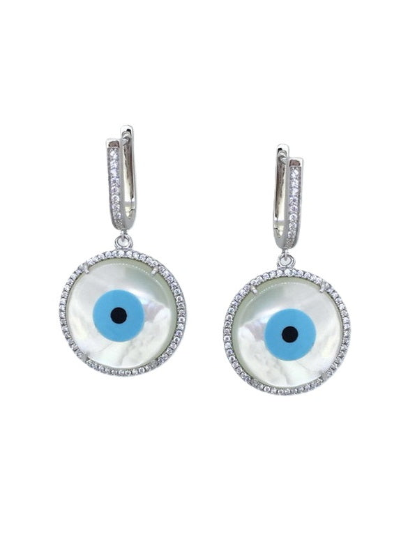 925 Silver Mother of Pearl Evil Eye Earrings