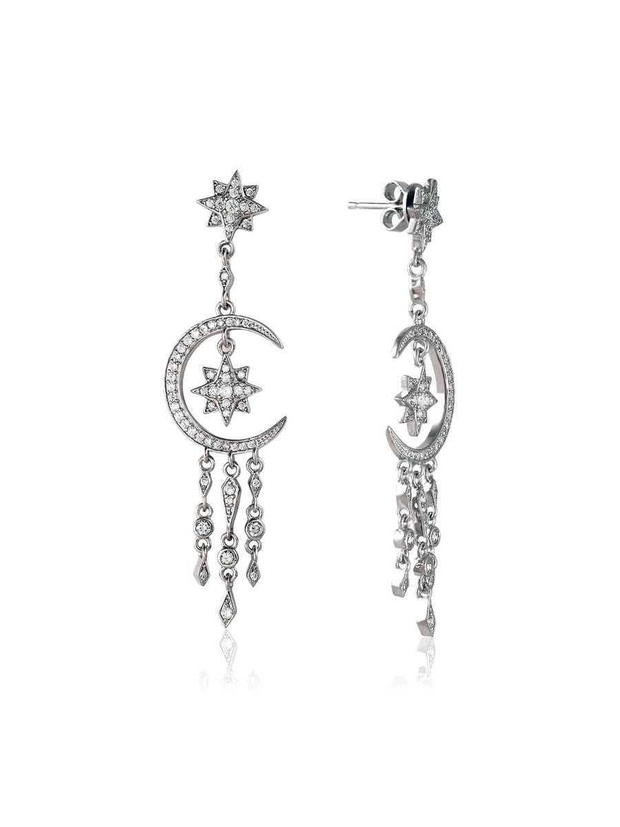 925 Sterling Silver Moon & Star Dangle Earrings