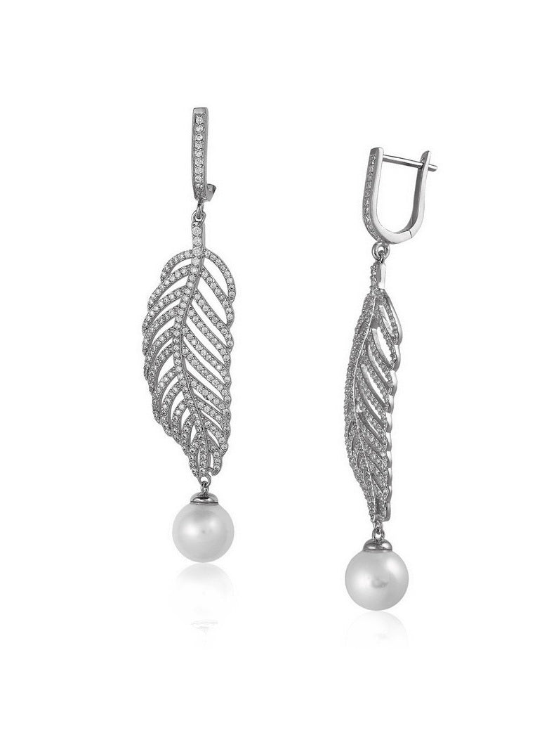 925 Sterling Silver Leaf &  Shell Pearl Dangle Earrings