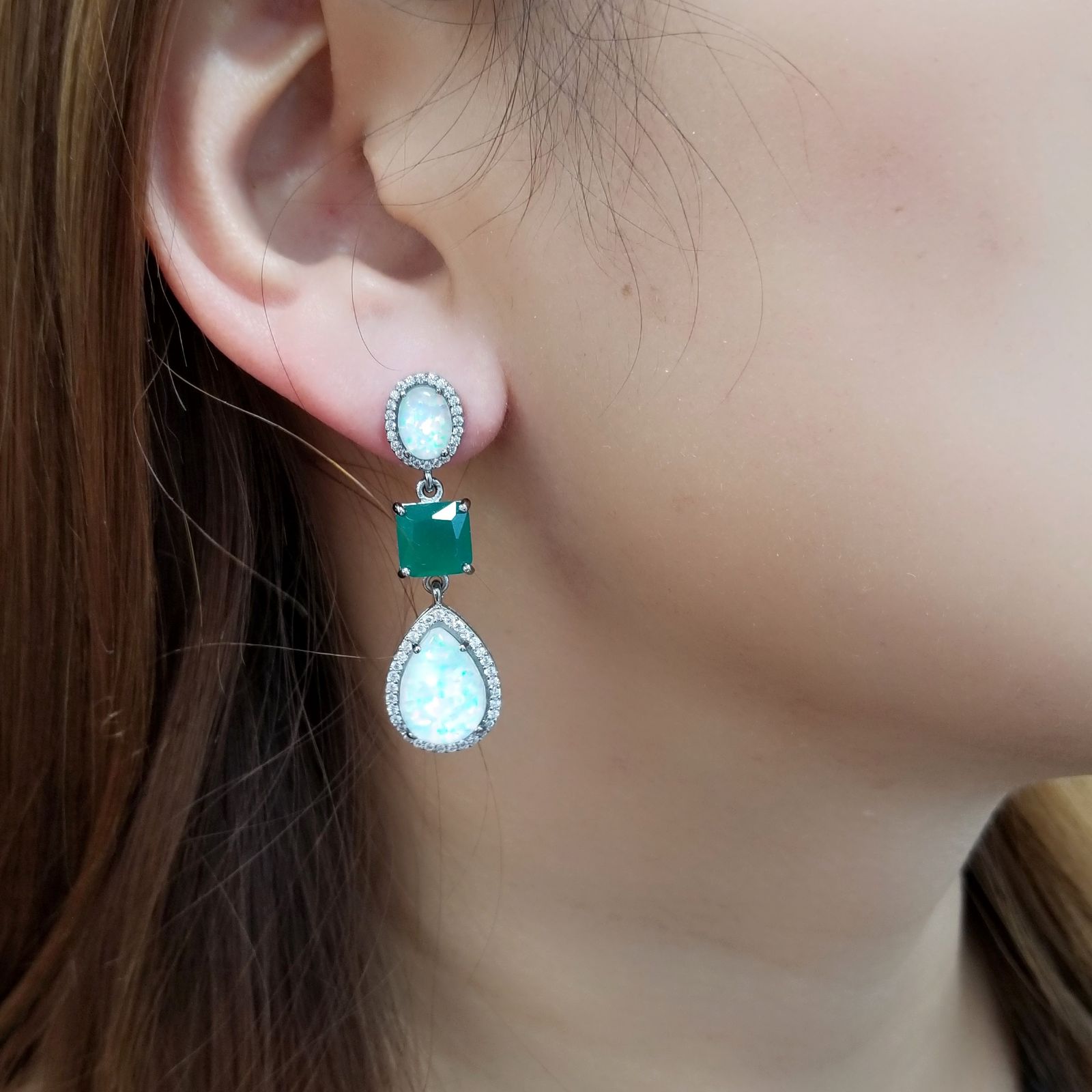 925 Sterling Silver White Opal & Crystal Earrings