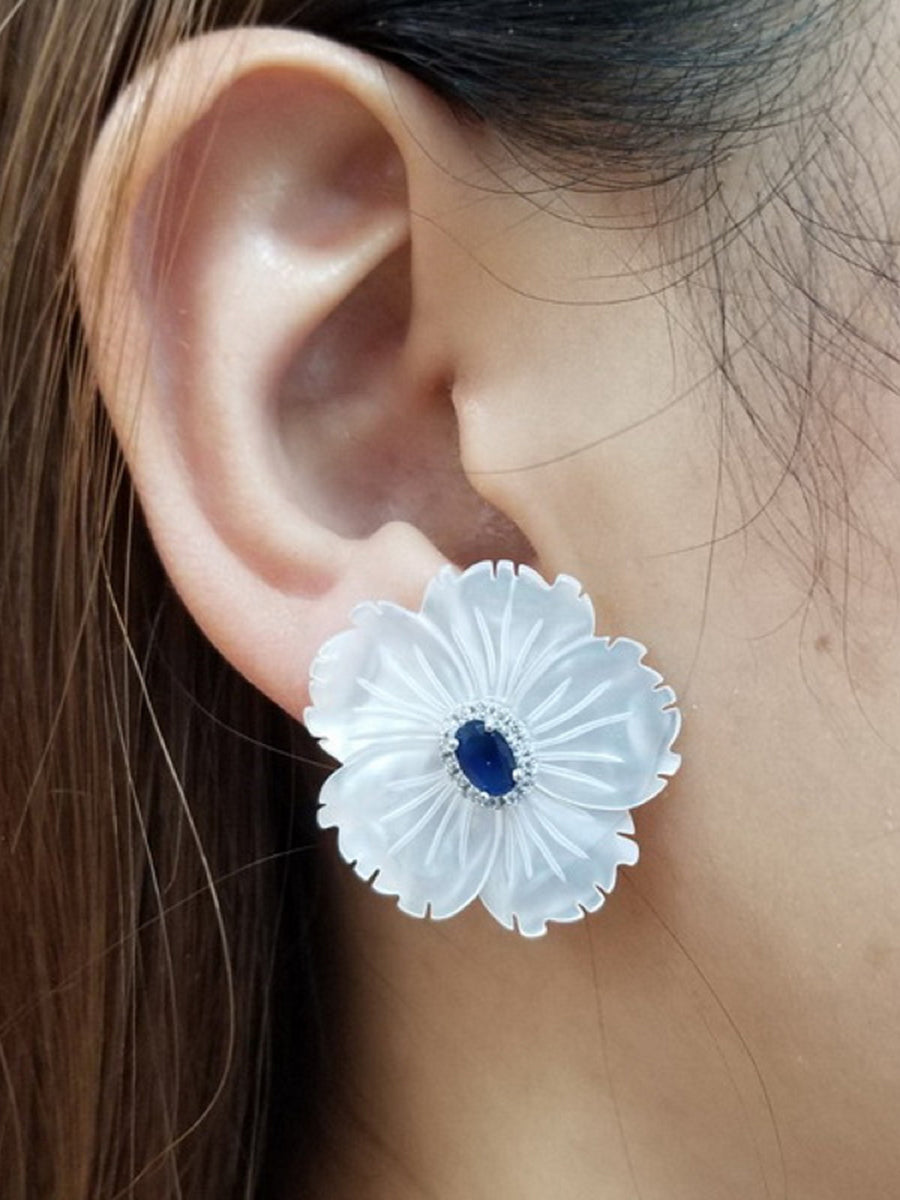 925 Sterling Silver MOP Flower CZ Stud Earrings