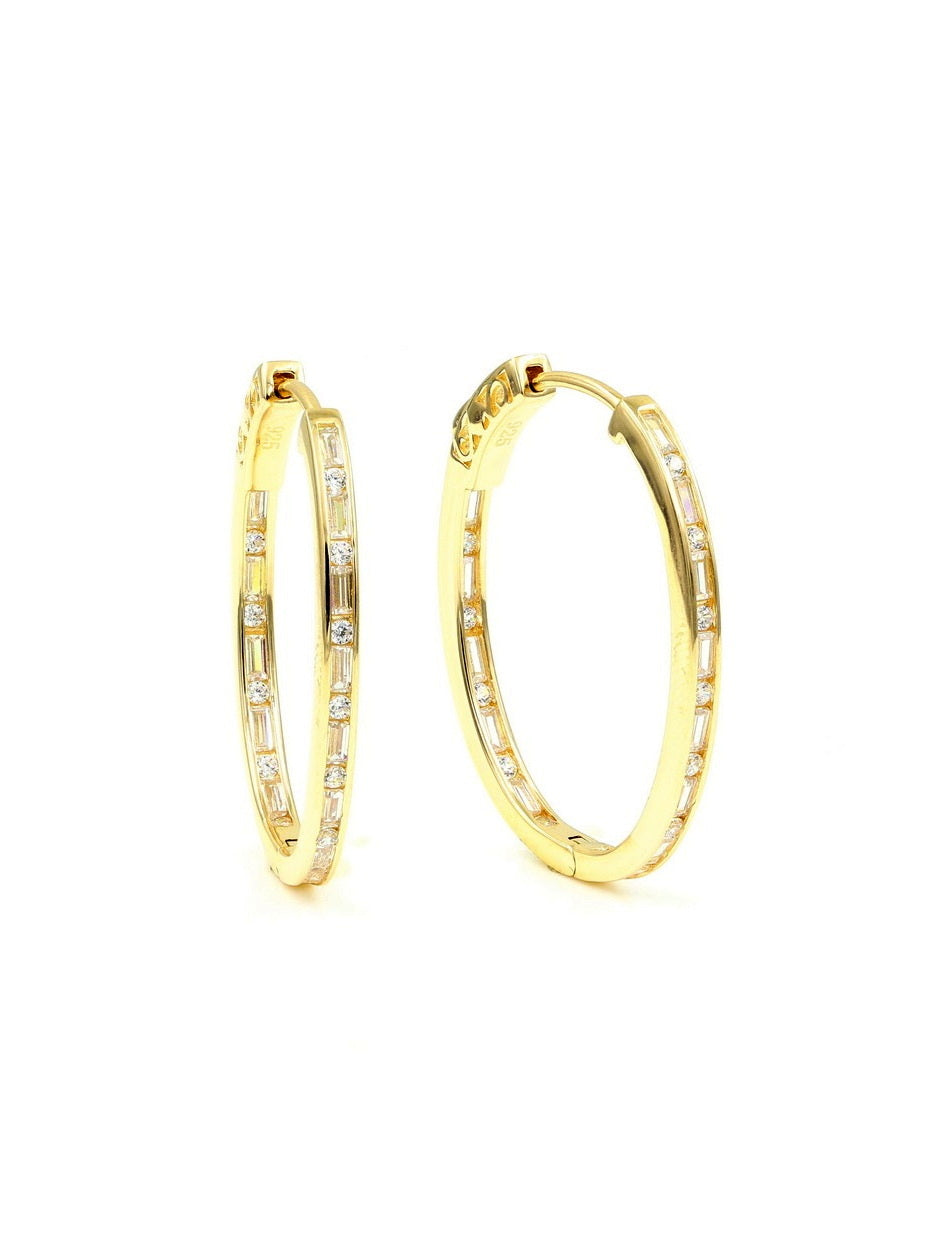 925 Silver Baguette and Round Cut CZ Hoop Earrings