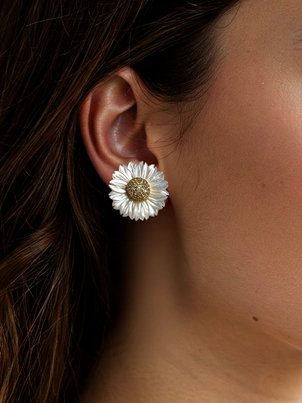 Mother of Pearl 14k Gold Daisy Flower Earrings-Jewelry